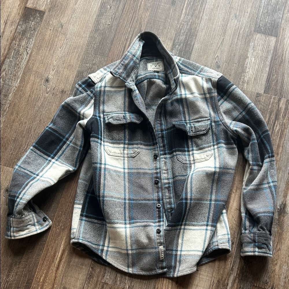 American Eagle Outfitters Gray Plaid Shacket with Blue Accent